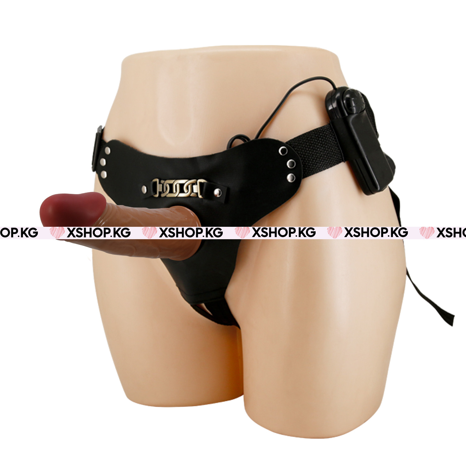 Мужской полый страпон с вибрацией и выносным пультом цвета кофе "Pretty Love Starks" 6,9"