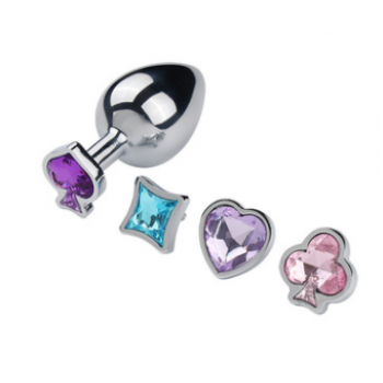 Металлическая анальная пробка с 4-мя сменными насадками со стразами "Пиковая Дама" Yeain SMGS18 