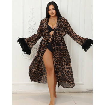 Длинный Леопардовый сексуальный халатик с перьевой отделкой R81369