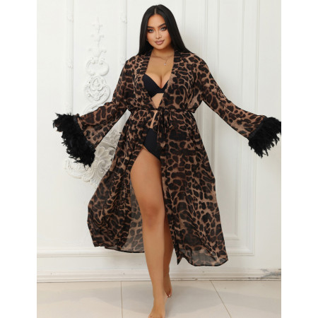 Длинный Леопардовый сексуальный халатик с перьевой отделкой R81369
