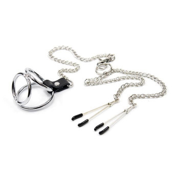 Зажимы на соски с тройным кольцом для члена и мошонки